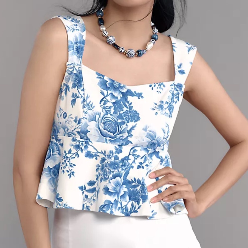 Anthropologie Blue and White Peplum Tank Top